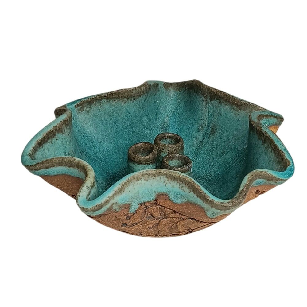 Ikebana Vase Turquoise And Brown Stoneware With Leaf Design Judy Mohr 6.5 x 2